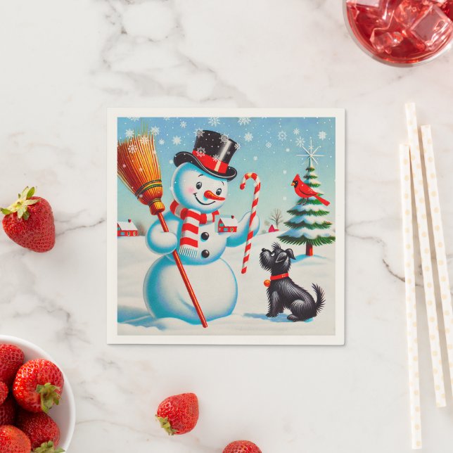 Retro Snowman, Niedlicher Hund, roter Kardinal und Serviette (Beispiel)