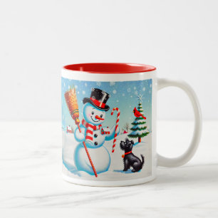 Retro Snowman, Niedlicher Hund, roter Kardinal und Zweifarbige Tasse