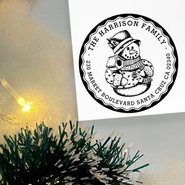 Retro Snowman Runde Familienname & Rücksendeadress Gummistempel (Von Creator hochgeladen)