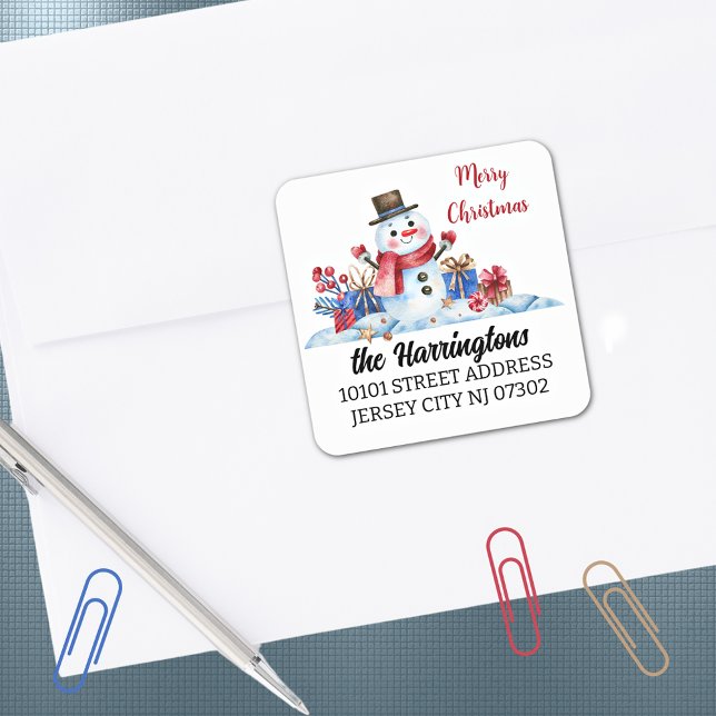 Retro Snowman Weihnachts-Rücksendeadresse Envy Sie Quadratischer Aufkleber (Von Creator hochgeladen)