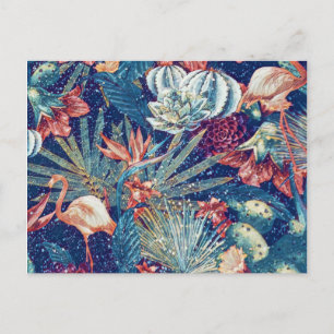 Retro Snowy Tropical Flamingo Paradise Postkarte