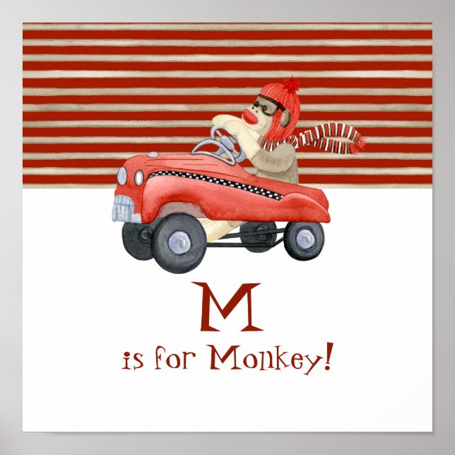 Retro Sock Monkey w Pedal Car Baby Boy Geschenke Poster (Vorne)