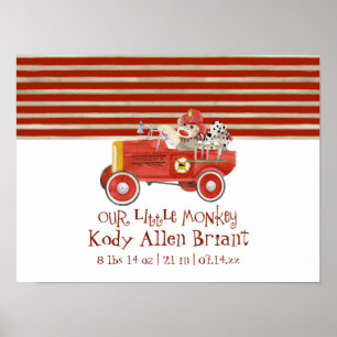 Retro-Sockenäffchen mit Feuerwehrwagen Baby-Jungen Poster