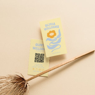 Retro Soft Farbiger QR Code Boho Groovy Floral Visitenkarte