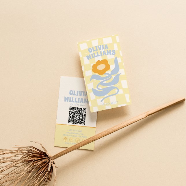 Retro Soft QR Code Boho Groovy Kariert Floral Visitenkarte (Von Creator hochgeladen)