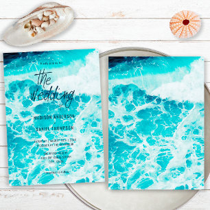 Retro Sommer Blaue Ozean Schaum Strand Hochzeit Einladung