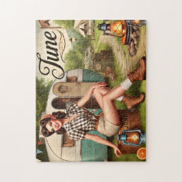 Retro-Sommer-Camping-Pin-Up-Girl im Juni Puzzle