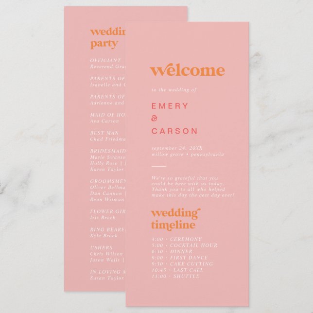 Retro-Sommer-Pink-Orange-Zeitstrahl-Hochzeitsprogr Programm (Vorne/Hinten)
