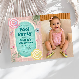 Retro-Sommer-Poolparty-Geburtstags-Fotoeinladung Einladung