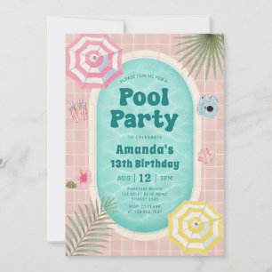 Retro-Sommer-Poolparty-Geburtstagseinladung Einladung
