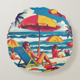 Retro-Sommer-Strandszene-Wurfkissen Rundes Kissen