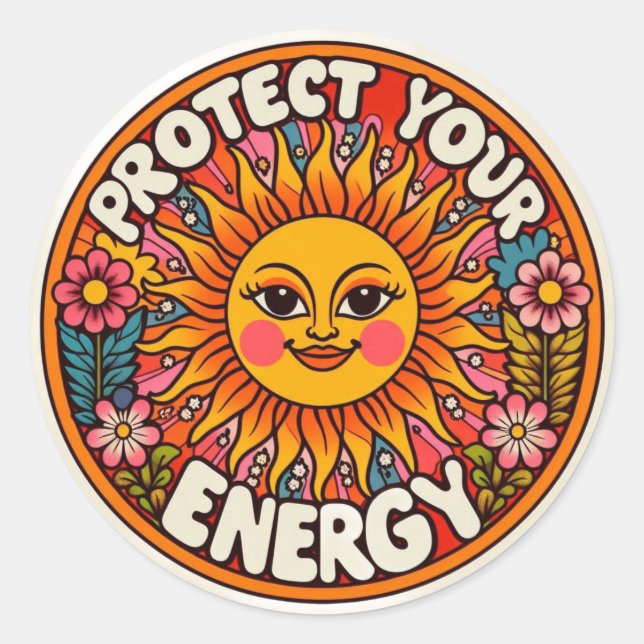 Retro-Sonne & Blumen Schütze deine Energie Aufkleb Runder Aufkleber (Vorderseite)