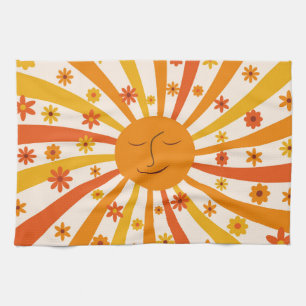 Retro-Sonne mit Hippie-Blumen Sonnenschein Geschirrtuch