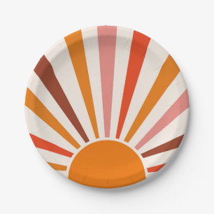 Retro-Sonnen-Burst-Sonnenuntergang Orange Gelb Rot Pappteller