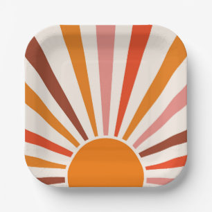 Retro-Sonnen-Burst-Sonnenuntergang Orange Gelb Rot Pappteller