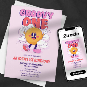 Retro-Sonnen-Erstgeburtstag Pink Groovy One Einladung
