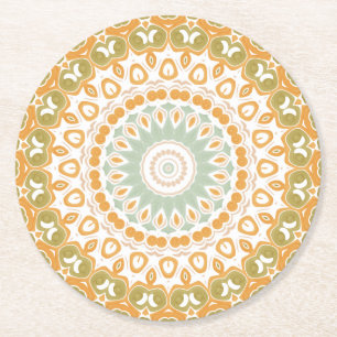 Retro-Sonnenaufgang-Mandala in Orange, Grün und Br Runder Pappuntersetzer