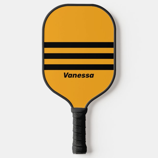 Retro Sonnenblume Buzz Drei über Streifen | Name Pickleball Schläger (Vorderseite)