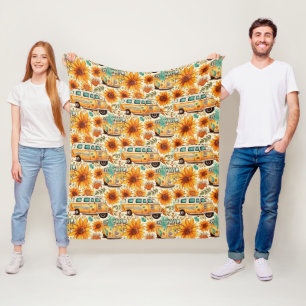 Retro-Sonnenblumen-Van-Muster – Vintage-Boho-Hippi Fleecedecke