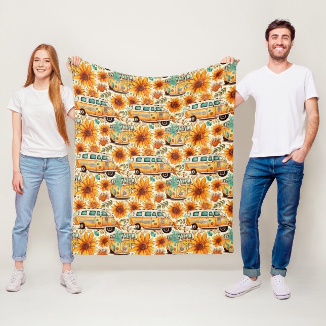 Retro-Sonnenblumen-Van-Muster – Vintage-Boho-Hippi Fleecedecke (Beispiel)