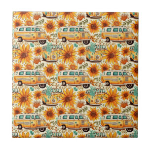 Retro-Sonnenblumen-Van-Muster – Vintage-Boho-Hippi Fliese