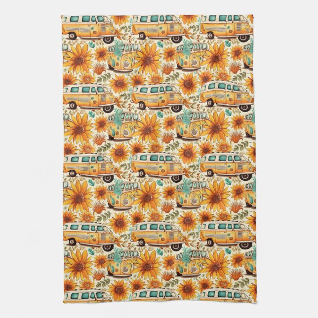 Retro-Sonnenblumen-Van-Muster – Vintage-Boho-Hippi Geschirrtuch (Vertikal)