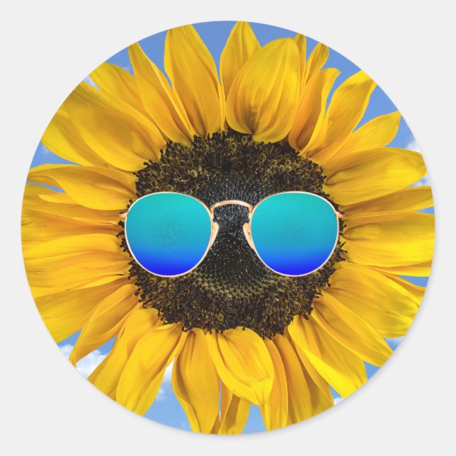 Retro-Sonnenbrille auf Sonnenblume Runder Aufkleber (Vorderseite)