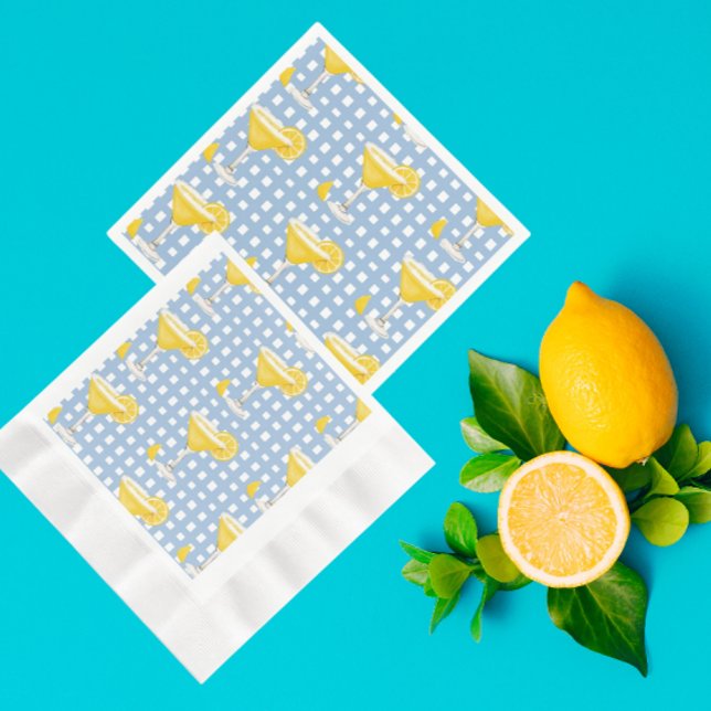 Retro Sonnengelb Lemon Drop Blau Kariert Serviette (Perfect lemon party napkins!)