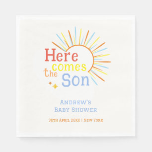 Retro-Sonnenschein Hier kommt der Sohn Baby Shower Serviette