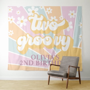 Retro-Sonnenschein Zwei Groovy-Pastell-Geburtstags Wandteppich