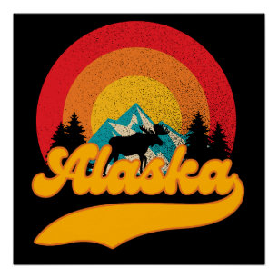 Retro-Sonnenuntergang Alaska Juneau Elch 0Berge Wi Poster