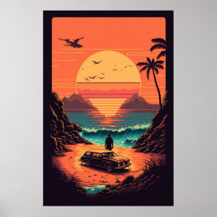 Retro Sonnenuntergang am Strand Poster
