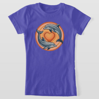 Retro-Sonnenuntergang-Delfine-Herz-Kreis-Grafik T-Shirt