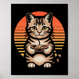 Retro-Sonnenuntergang-Gamer-Katze-Gamepad-Kätzchen Poster
