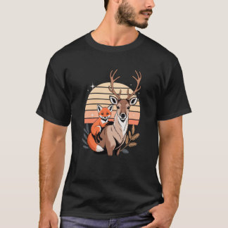 Retro Sonnenuntergang Hirsch Fuchs Elch Bock Rennt T-Shirt