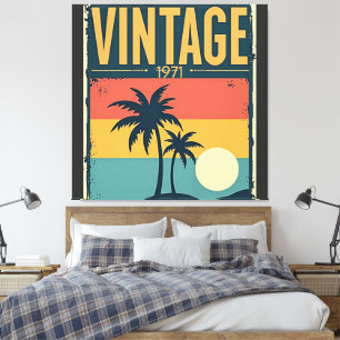 Retro-Sonnenuntergang mit Palmen im Vintage-Stil v Leinwanddruck