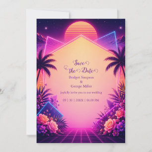 Retro-Sonnenuntergang-Neon-Hochzeitstraumlandschaf Einladung