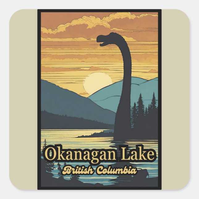 Retro-Sonnenuntergang Ogopogo, Okanagan Lake Monst Quadratischer Aufkleber (Vorderseite)