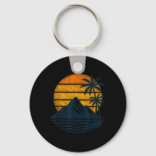 Retro Sonnenuntergang Palmen Berge Meer Strand Schlüsselanhänger