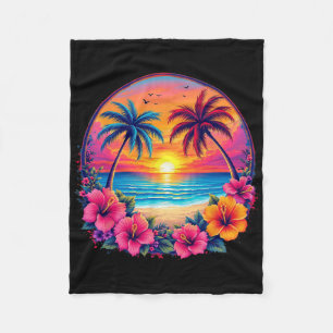 Retro-Sonnenuntergang Strand Tropisches Florales S Fleecedecke