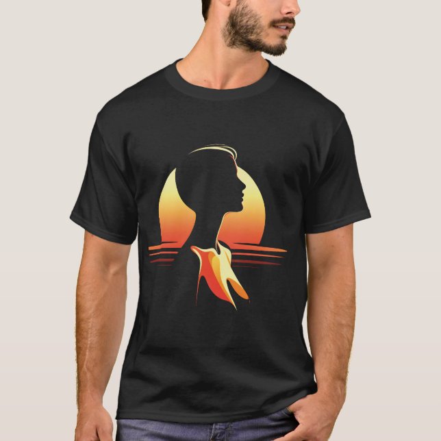 Retro-Sonnenuntergang weibliche Silhouette T-Shirt (Vorderseite)