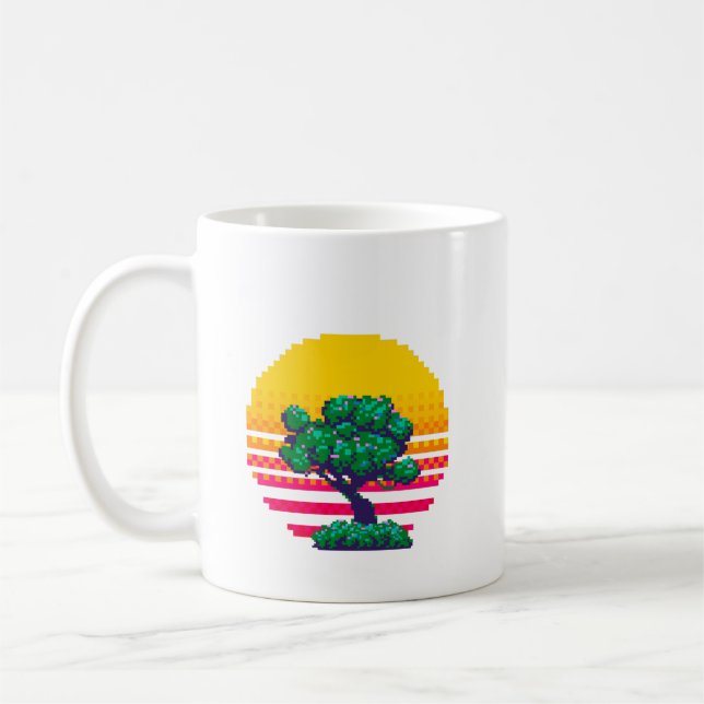 Retro-Sonnenuntergangs-Baum-Abenteuer Kaffeetasse (Links)