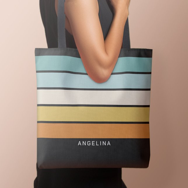 Retro-Sonnenuntergangsstreifen mit einfachem Sans  (Personalized tote bag with retro stripes and text)