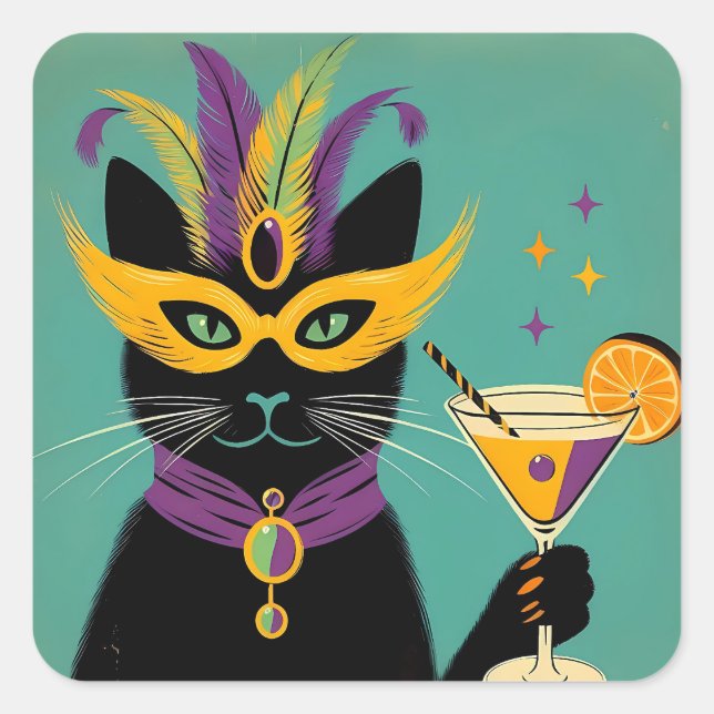 Retro Sophisticats Its Time to Mardi Gras Martini Quadratischer Aufkleber (Vorderseite)