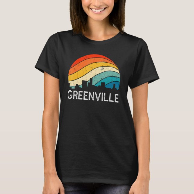 Retro South Carolina City Greenville Skyline Vinta T-Shirt (Vorderseite)