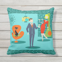 Retro Space Age Cartoon Couple Outdoor Pillow