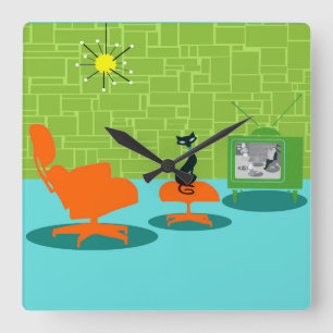 Retro Space Age Kitty Acrylic Wall Clock Quadratische Wanduhr