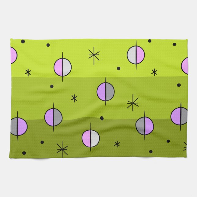 Retro Space Age Planets Stars Chartreuse Geschirrtuch (Horizontal)