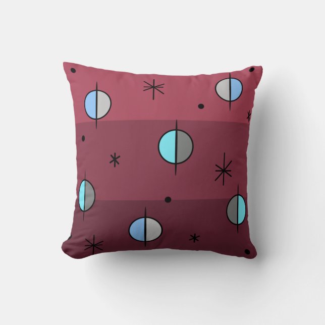 Retro Space Age Planets Stars Maroon Kissen (Vorderseite)