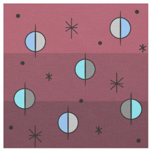 Retro Space Age Planets Stars Maroon Stoff